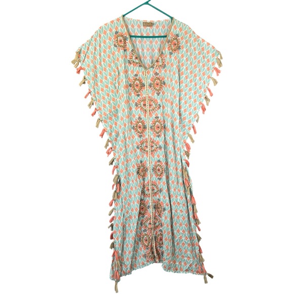 SKEMO Kaftan Dress Beach Cover Up Fringe Beads Embroidered Size Small - Picture 1 of 14
